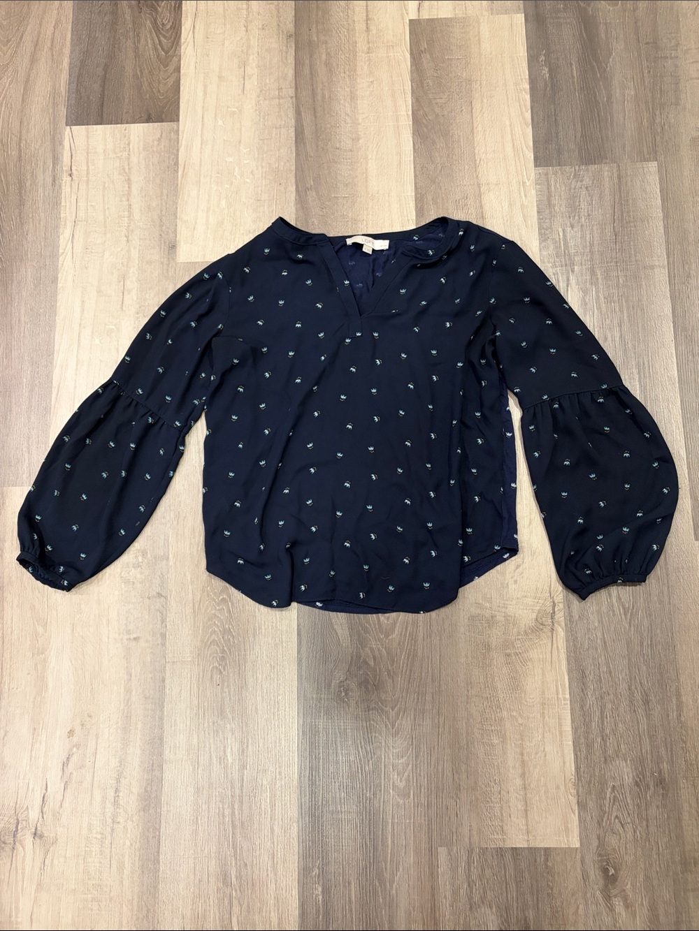 LOFT Navy Blouse with Mint Dot Detail